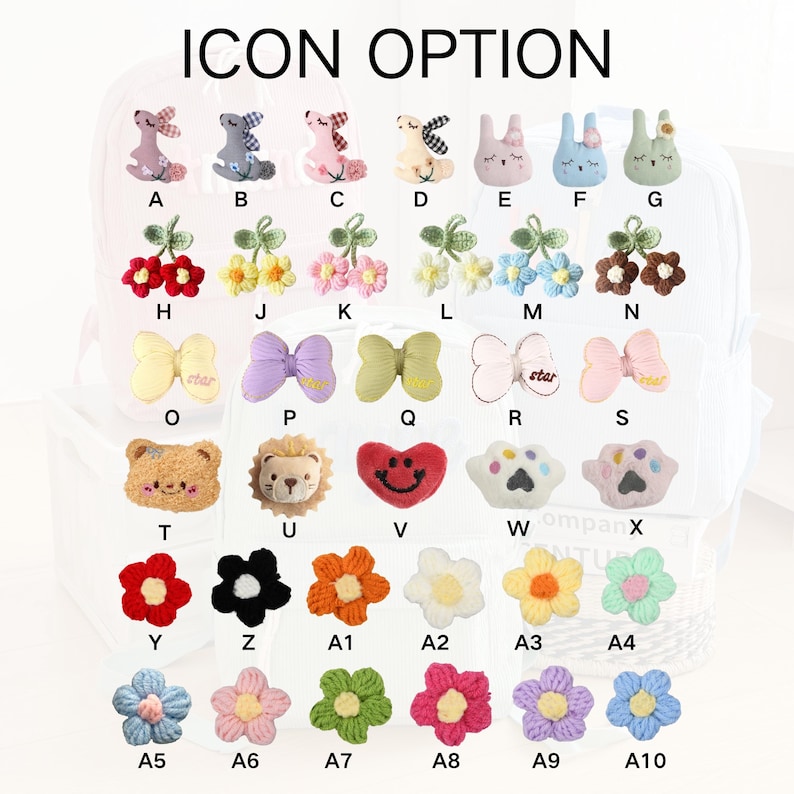 Puede incluir: Una colecci&oacute;n de adornos de tela variados, que incluyen formas de animales, lazos, flores y huellas de patas. La imagen incluye el texto "ICON OPTION". Cada dise&ntilde;o est&aacute; etiquetado con una letra o un n&uacute;mero.