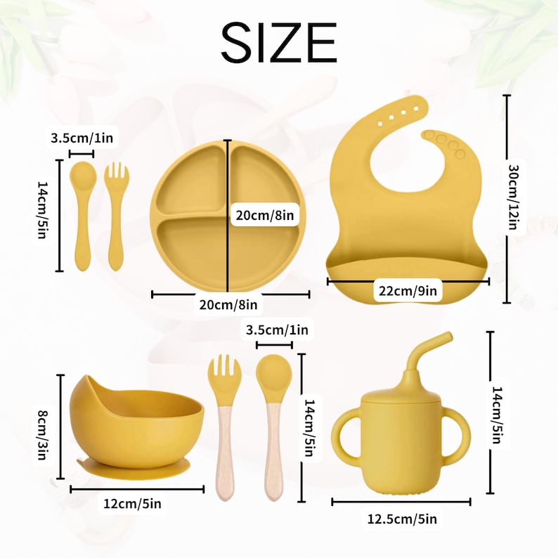 May include: Mustard yellow baby feeding set. Includes a divided plate (8 inches), bowl (5 inches), bib (12 inches), spoon, fork, and sippy cup. The set is made of silicone and has measurements in inches.