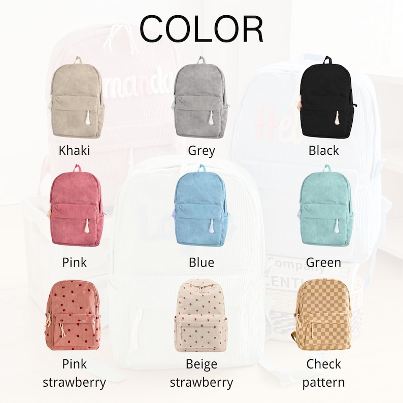Puede incluir: Una colecci&oacute;n de mochilas en varios colores: caqui, gris, negro, rosa, azul y verde. La imagen tambi&eacute;n muestra mochilas con fresas rosas, fresas beige y estampados de cuadros. La palabra "COLOR" est&aacute; en la parte superior.