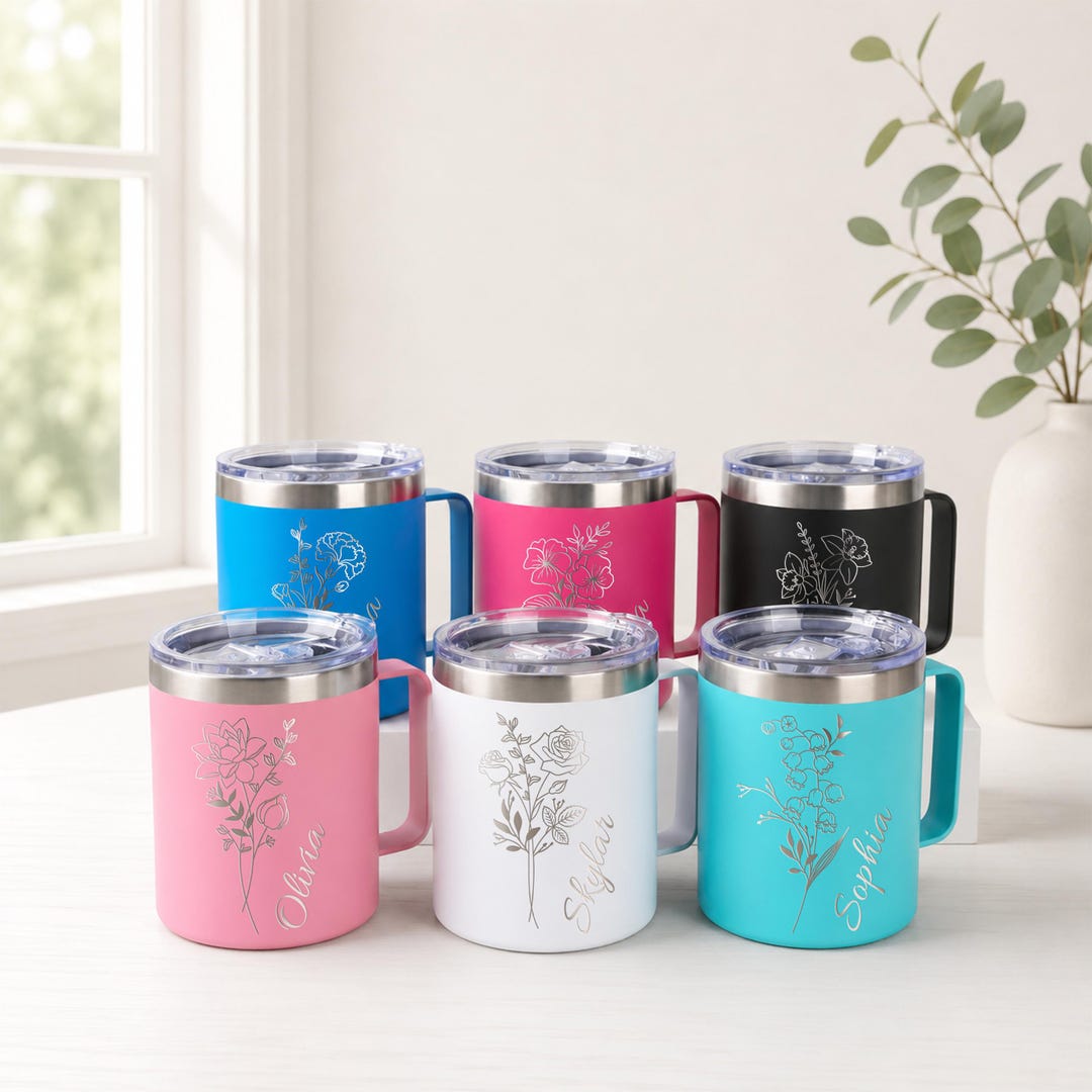 Personalized Engraved Mug with Handle/ Birth Flower Cup/ Custom Name Mug/ 12oz Insulated C