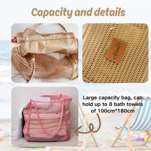 May include: A set of images showcasing a large capacity beach bag. The bag is made of a mesh material and comes in a light brown and pink color. The bag can hold up to 8 bath towels, each measuring 39.37 inches by 70.87 inches. The text "Capacity and details" is at the top.