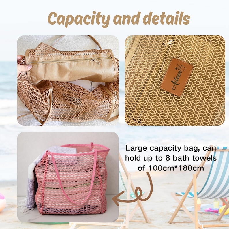 May include: A set of images showcasing a large capacity beach bag. The bag is made of a mesh material and comes in a light brown and pink color. The bag can hold up to 8 bath towels, each measuring 39.37 inches by 70.87 inches. The text "Capacity and details" is at the top.