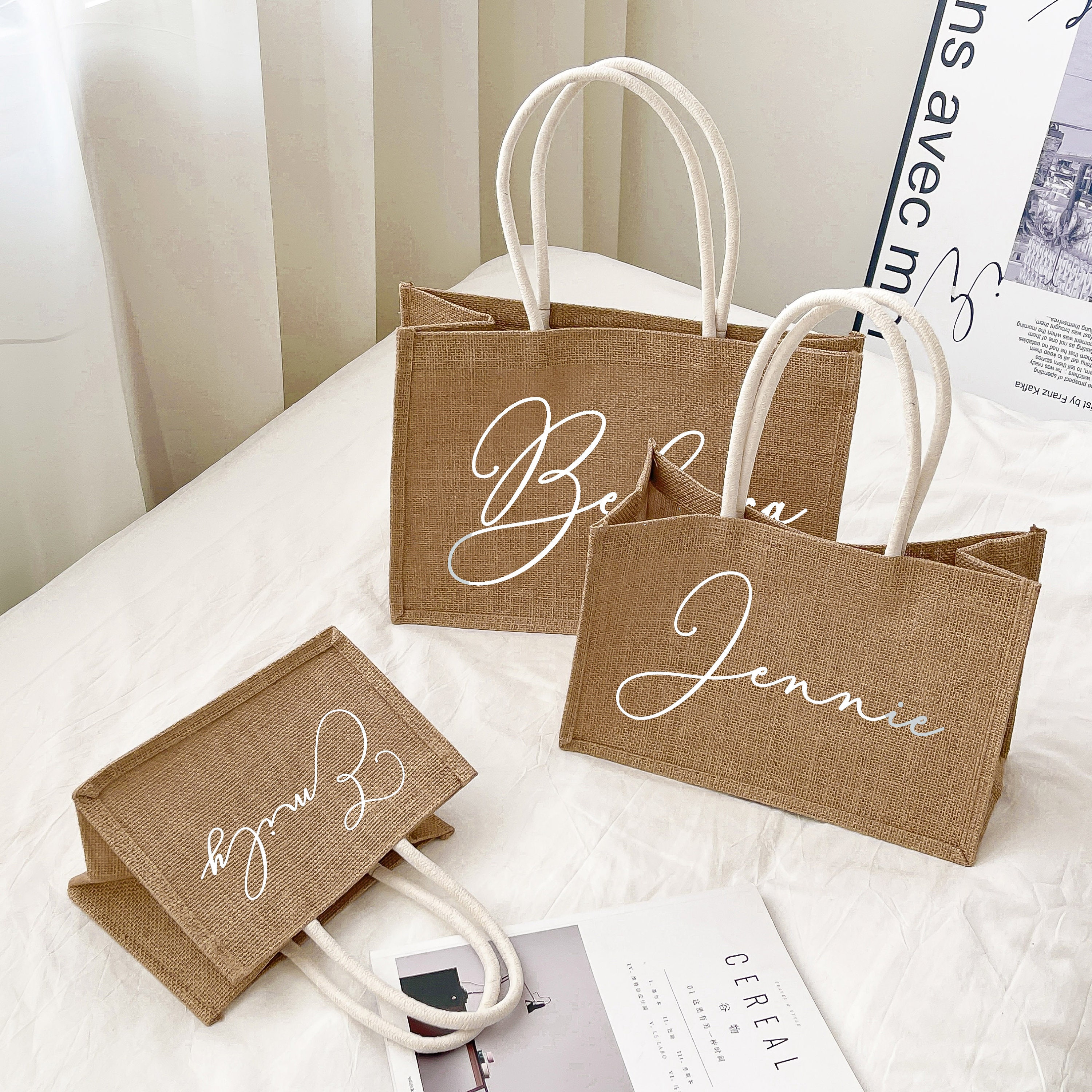 Personalized Handmade Tote Bag/ Mothers Day Gifts/ Embroidered/Printing Mrs Burlap Bag/ Custom Bridesmaid Proposal Gifts/ Jute Beach Bag
