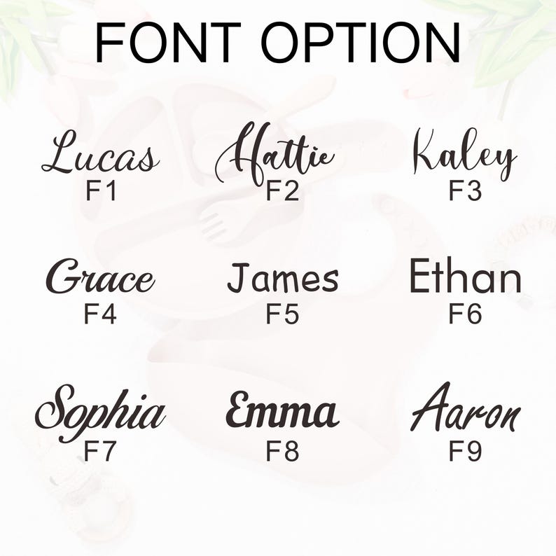 May include: Image displaying various font options for personalized items. The text "FONT OPTION" is at the top. Below are nine names: Lucas, Hattie, Kaley, Grace, James, Ethan, Sophia, Emma, and Aaron, each with a corresponding font number.