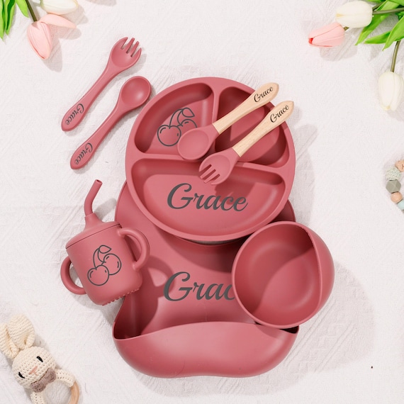 Personalized Weaning Set/ Custom Feeding Set with Name/ Engraved Silicone Baby Weaning Set/ Baby Plate/ Toddler Bowl & Bib/ Baby Shower Gift