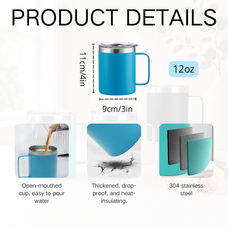 May include: A blue insulated mug with a silver rim and handle. The mug is 4 inches tall and 3 inches wide, with a 12oz capacity. The image also shows the mug's features: open-mouthed design, drop-proof, heat-insulating, and 304 stainless steel.