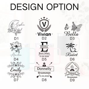May include: A selection of personalized mugs with various design options. Designs include floral arrangements, names, initials, and celebratory text. The mugs come in white, light blue, and pink colors. The text "DESIGN OPTION" is at the top.