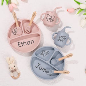 May include: A collection of baby feeding essentials in soft pastel colors. Includes personalized divided plates, spoons, forks, and sippy cups. The plates and cups feature playful designs and the names "Ethan" and "James". A small bunny rattle is also included.