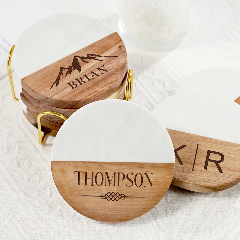 Personalized Coasters Set/ Custom Marble and Wood Coasters ...