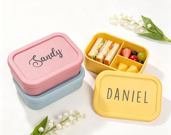 Contenitore per il pranzo personalizzato per bambini / Scatola bento in silicone con incisione personalizzata / Regalo per la scuola, viaggi e picnic / Portapranzo per bambini e bambine