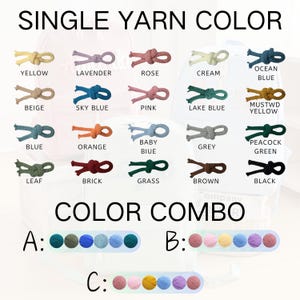 Puede incluir: Imagen que muestra una carta de colores con varios colores de hilo y combinaciones de colores. El texto "SINGLE YARN COLOR" est&aacute; en la parte superior, con muestras de color individuales etiquetadas: amarillo, lavanda, rosa, crema, azul oc&eacute;ano, etc. Tambi&eacute;n se muestran opciones de combinaci&oacute;n de colores.