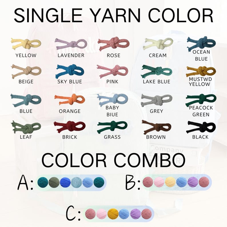 Puede incluir: Imagen que muestra una carta de colores con varios colores de hilo y combinaciones de colores. El texto "SINGLE YARN COLOR" est&aacute; en la parte superior, con muestras de color individuales etiquetadas: amarillo, lavanda, rosa, crema, azul oc&eacute;ano, etc. Tambi&eacute;n se muestran opciones de combinaci&oacute;n de colores.
