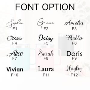 May include: The image displays a selection of personalized mugs with various names in different fonts. The text "FONT OPTION" is at the top. The mugs are in pastel colors, including light blue, pink, and white. Each mug has a name and font style number.