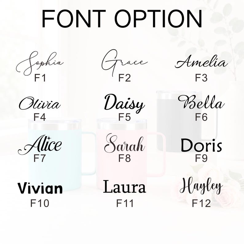 May include: The image displays a selection of personalized mugs with various names in different fonts. The text "FONT OPTION" is at the top. The mugs are in pastel colors, including light blue, pink, and white. Each mug has a name and font style number.