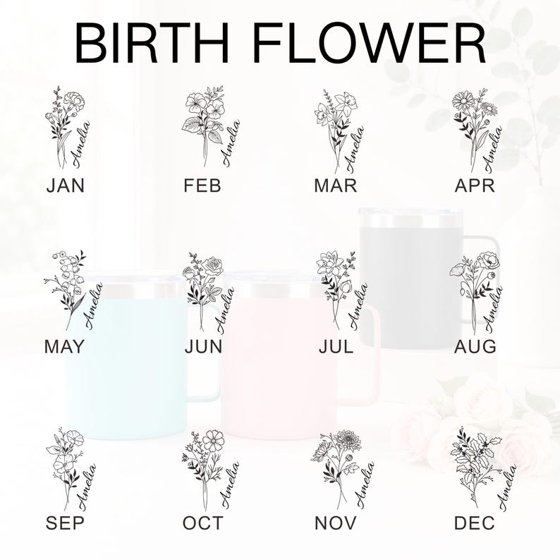 May include: A collection of mugs with floral designs representing birth flowers for each month, with the name "Amelia" on each. The text "BIRTH FLOWER" is at the top. The mugs are in various colors, including white, light blue, and pink.