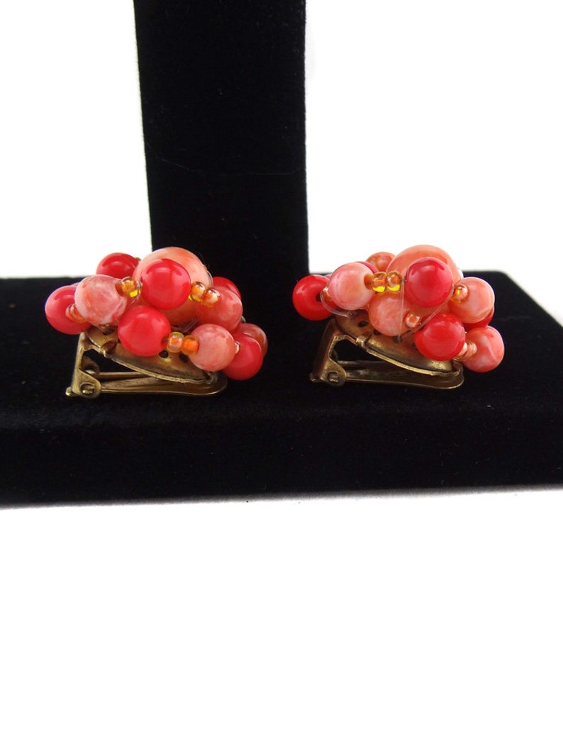 Large Vintage Coral Pink Earrings 80s Beaded Clip on Earrings Couture Style