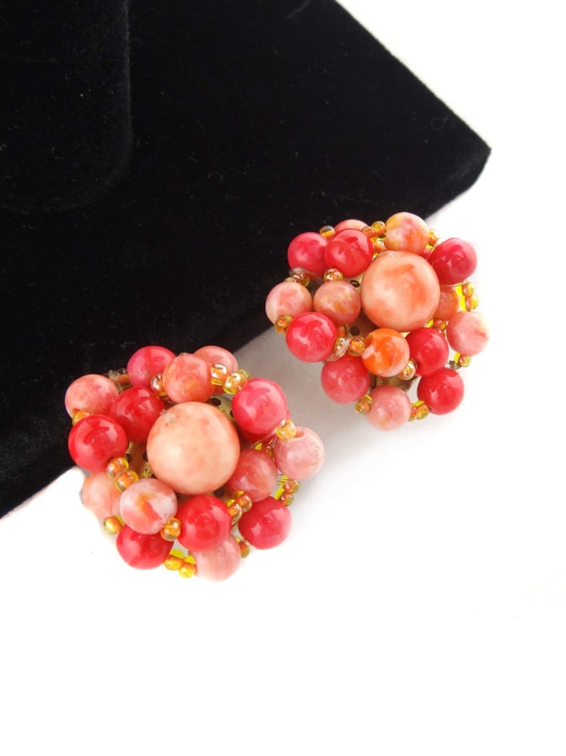 Large Vintage Coral Pink Earrings 80s Beaded Clip on Earrings Couture Style
