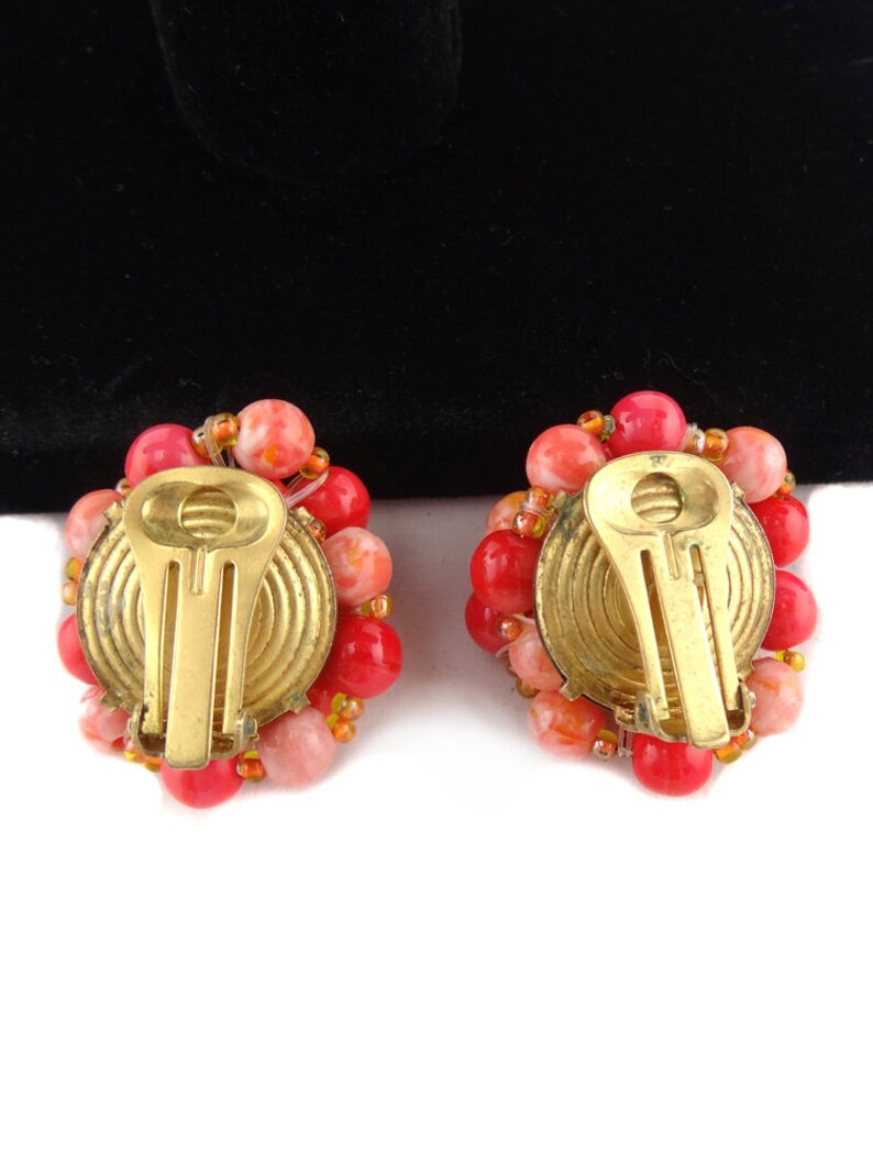 Large Vintage Coral Pink Earrings 80s Beaded Clip on Earrings Couture Style