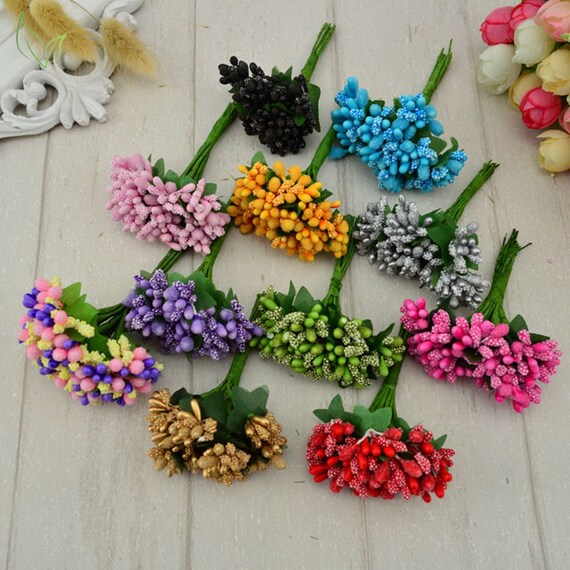 12 Bouquets Mini Artificial Flower Stamen Wedding Wreath Ring DIY Decor Red