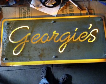 Custom LED Lighted Metal Sign: Bare Steel, Home or Business
