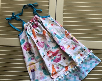 Tara - Casual Girls Sundress, Pillowcase Dress, Under the Sea Fabric Pattern with White Pom Pom