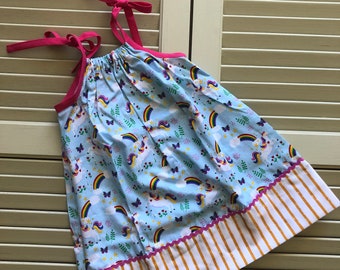 Tara - Casual Girls Sundress, Pillowcase Dress, Colorful Unicorn Rainbows Fabric Pattern, Pink Zig Zag Trim, White and Yellow Striped Fabric