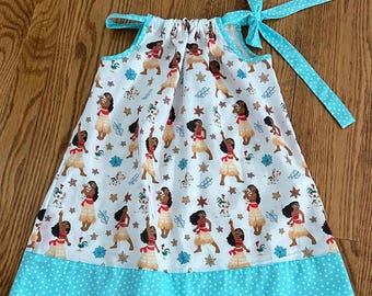 Moana - Casual Girls Sundress, Pillowcase Dress, Moana Fabric Pattern, Light Blue and White Polka Dot Fabric