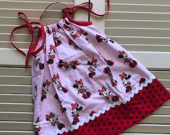 Tara - Casual Girls Sundress, Pillowcase Dress, Minnie Mouse Fabric Pattern, White Zig Zag Trim, Red and Black Polka Dot Fabric