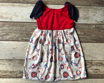 Lana - Casual Girls Maxi Dress, Red White and Blue, Nautical Theme, Size 2T