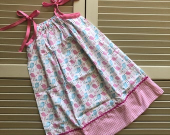 Tara - Casual Girls Sundress, Pillowcase Dress, Pink and Blue Birds Fabric Pattern, Pink Zig Zag Trim, Pink and White Checkered Bottom