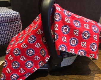 Reversible Infant Car Seat Canopy Cover Blanket Boy/Girl MLB Baseball Fabric Various Teams Nationals Orioles Yankees Red Sox Phillies etc