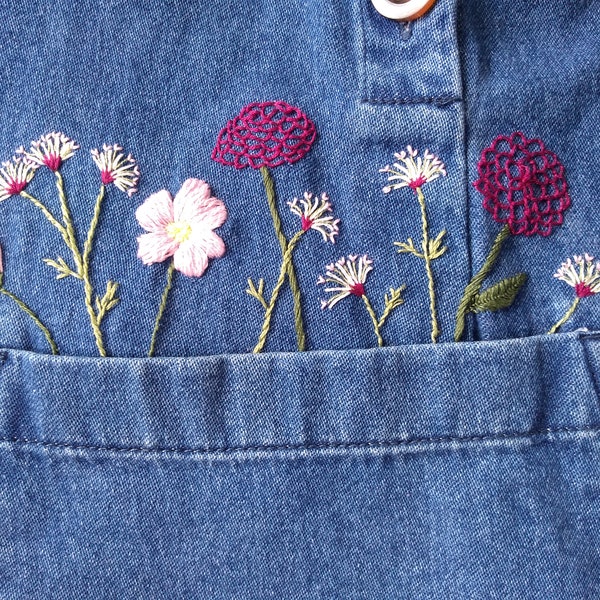 Kit de bordado de jeans con flores de jardín rosa