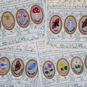 May include: A collection of embroidered patches depicting fungi, moths, butterflies, and flowers. Each patch has a tan border and features a name. The patches are displayed on paper with botanical illustrations and text.