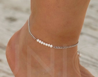 Steel Freshwater Pearl Anklet, personalized anklet, custom silver curb chain ankle bracelet, waterproof dainty summer anklet wedding