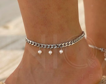 Steel Freshwater Pearl Anklet, personalized anklet, custom silver curb chain ankle bracelet, waterproof anklet, personalized gift for her