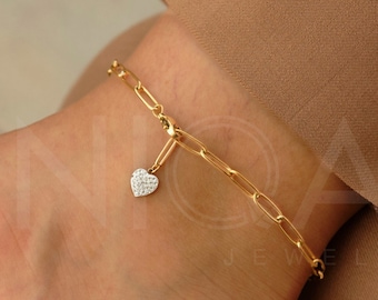 Heart Paperclip Gold Anklet, love waterproof anklet bracelet for women with heart pendant Cubic Zirconia stones, gift for her