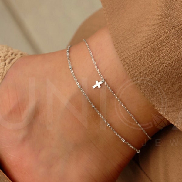 Waterproof anklet for women with cross pendant, non tarnish anklet, waterproof anklet double chain, multi strand anklet, gift for her