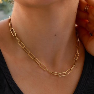 18K Gold link chain necklace for women, paperclip waterproof necklaces, bold chunky statement gift for her