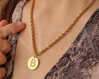 Chunky coin Initial Necklace, Initial Chunky Necklace, Letter personalized Rope Necklace, Mothers Day Gift, Gift for Mom, Initial Charm