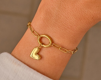 Heart Charm Chain Bracelet Gold Stainless Steel, Removable Charm Jewelry