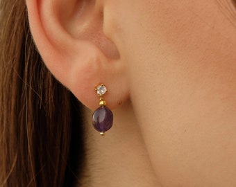 Amethyst dangle stud earrings Purple Natural Gemstone, drop Earrings, February Birthstone, gift for her