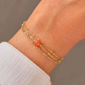 Carnelian Gold Bracelet: Dainty July Birthstone Layered Chain