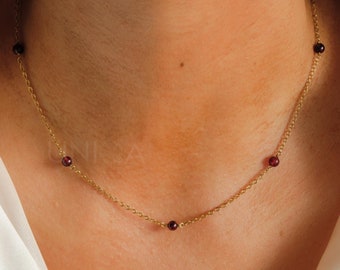 Dainty Garnet Necklace: Gold or Rose gold Plated Chain, January Birthstone