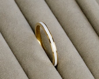 Gold White enamel band, dainty ring women, minimalist ring, tiny band, stacking ring, promise ring