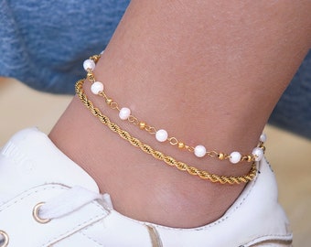18k Gold Filled Diamond-Cut Ball Bead Freshwater Pearl and Textured Beads Anklet 