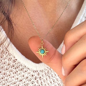 Turquoise Sun Necklace – Gold Pendant on Stainless Steel Chain, December Birthstone Jewelry