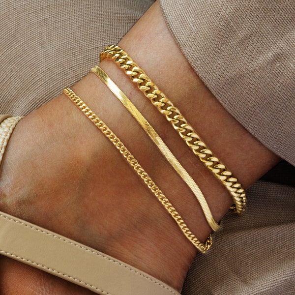 Gold Snake Anklets bracelet, herringbone chain anklet, thick curb chain gold anklet bracelet, gold anklet bracelet set for women