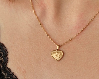 Collier ange coeur délicat, collier religieux, collier ange gardien, collier médaillon en or 18 carats, collier superposé pour femme