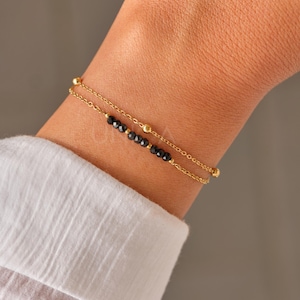 Dainty Black Onyx Double Chain Bracelet: Gold Layering Jewelry