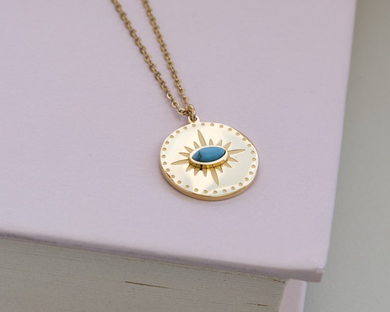 gold coin necklace minimal necklace maya necklace Bohemian Gold Necklace Evil eye turquoise coin necklace